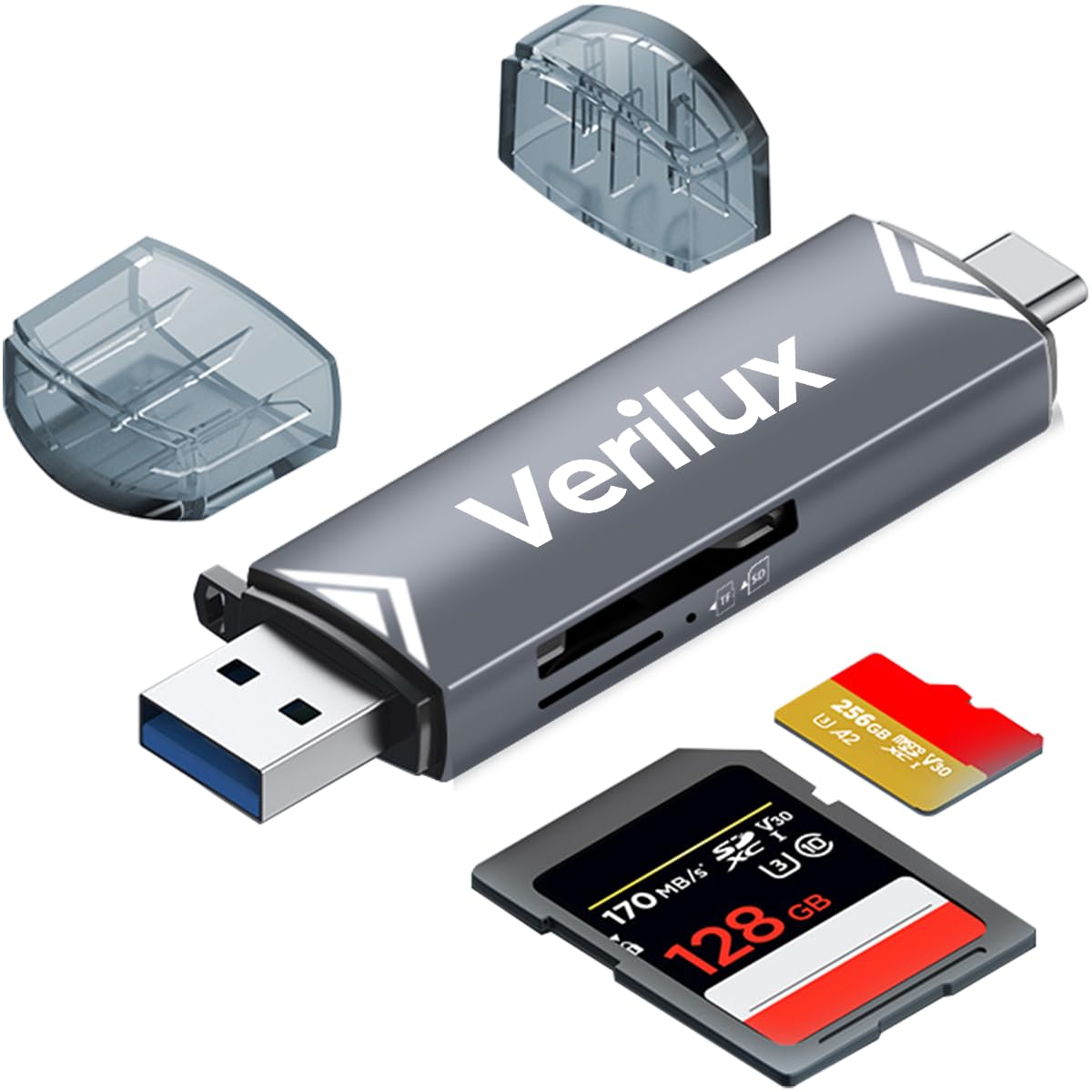 Verilux SD Card Reader Dual Head Type C & USB 3.0 Card Reader Fast Reading Compatible with SD/TF Card Dual Card Slot Design Universal Card Reader Compatible with Phone, Laptop, PC, Tablet Verilux SD Card Reader Dual Head Type C & USB 3.0 Card Reader Fast Reading Compatible with SD/TF Card Dual Card Slot Design Universal Card Reader Compatible with Phone, Laptop, PC, Tablet